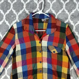 Spare Parts Top Womens Small Multicolor Plaid Button Front Drawstring Cotton VTG